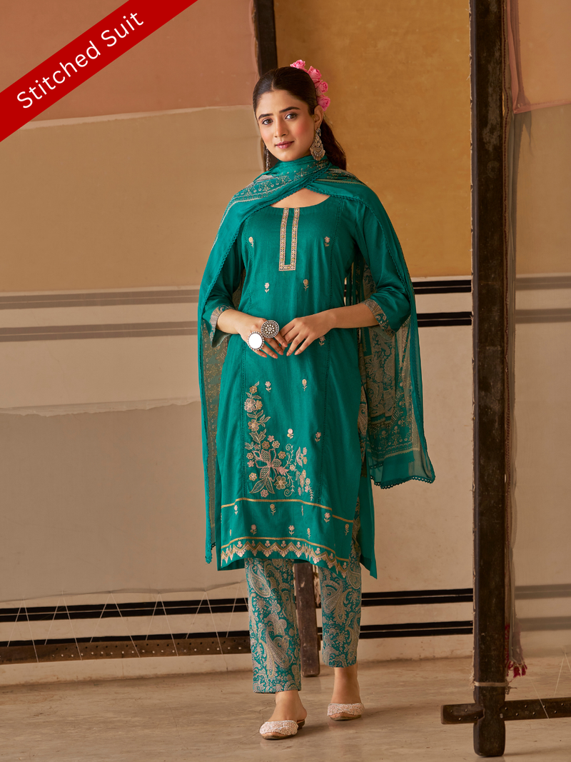 Teal Green Printed Handwork Stitched Suit Set