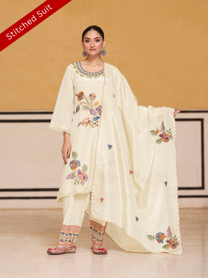 Tissue Silk Multihead Embroidered Stitched Suit Set