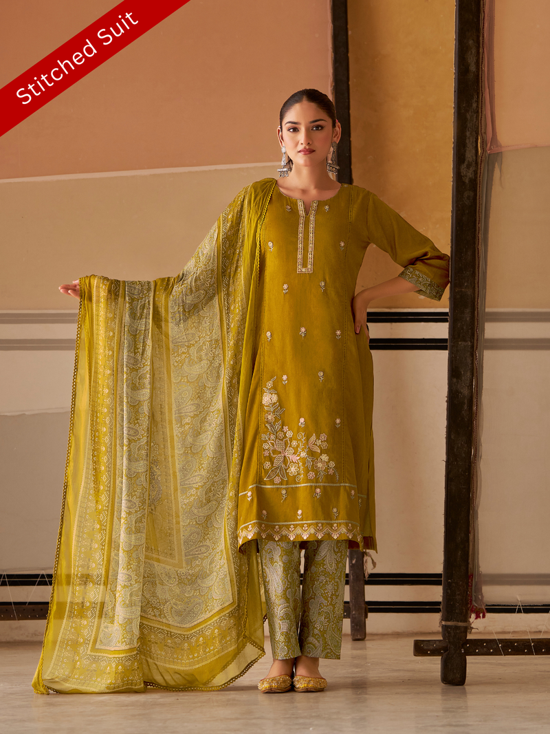 Mustard Printed Handwork Stitched Suit Set
