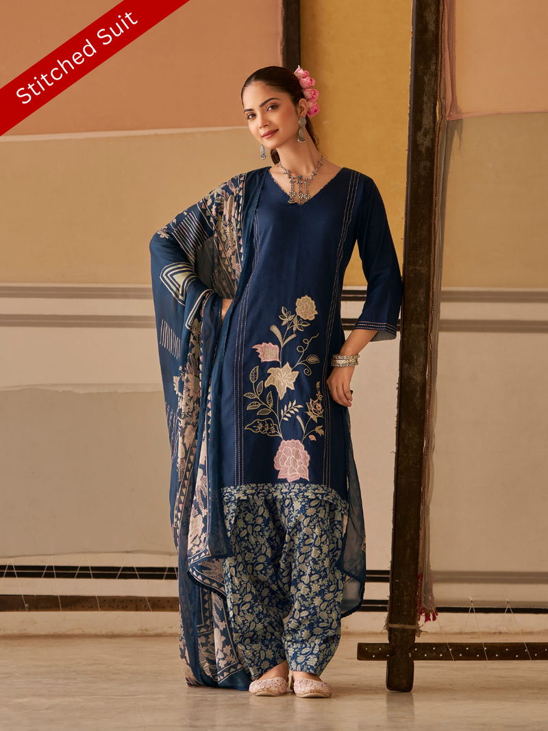 Navy Printed Patchwork Handwork Stitched Suit Set