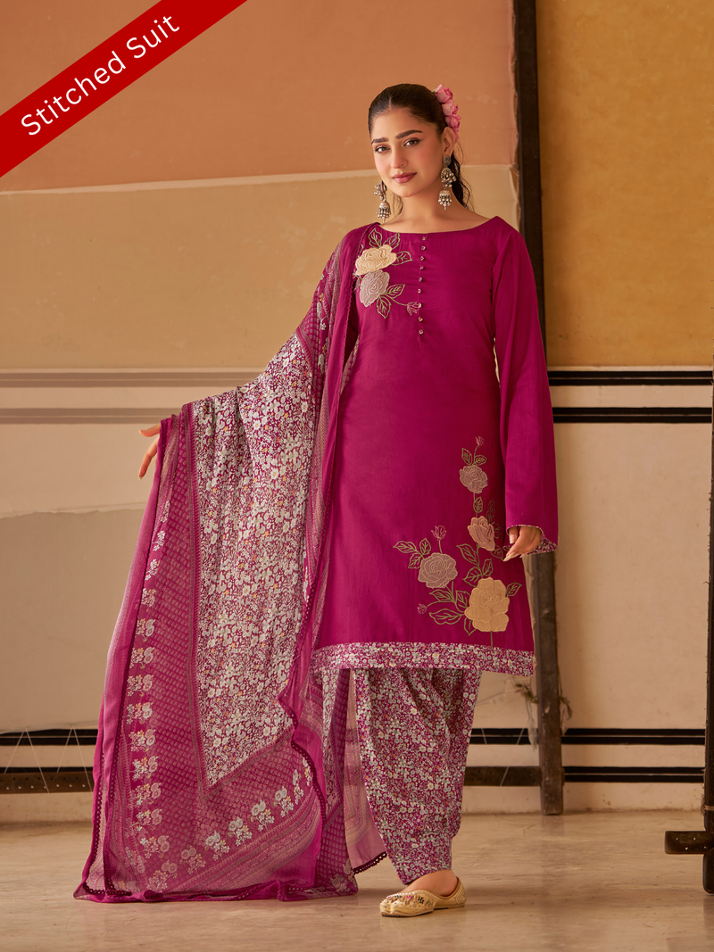 Raspbery  Printed Patchwork Handwork Stitched Suit Set