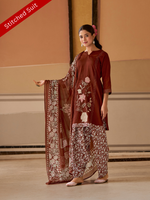 Dark Rust Printed Patchwork Handwork Stitched Suit Set