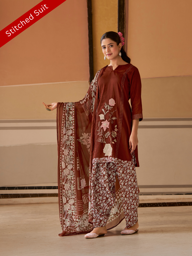 Dark Rust Printed Patchwork Handwork Stitched Suit Set