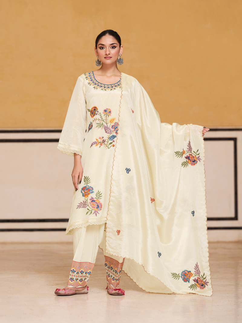 Tissue Silk Multihead Embroidered Stitched Suit Set