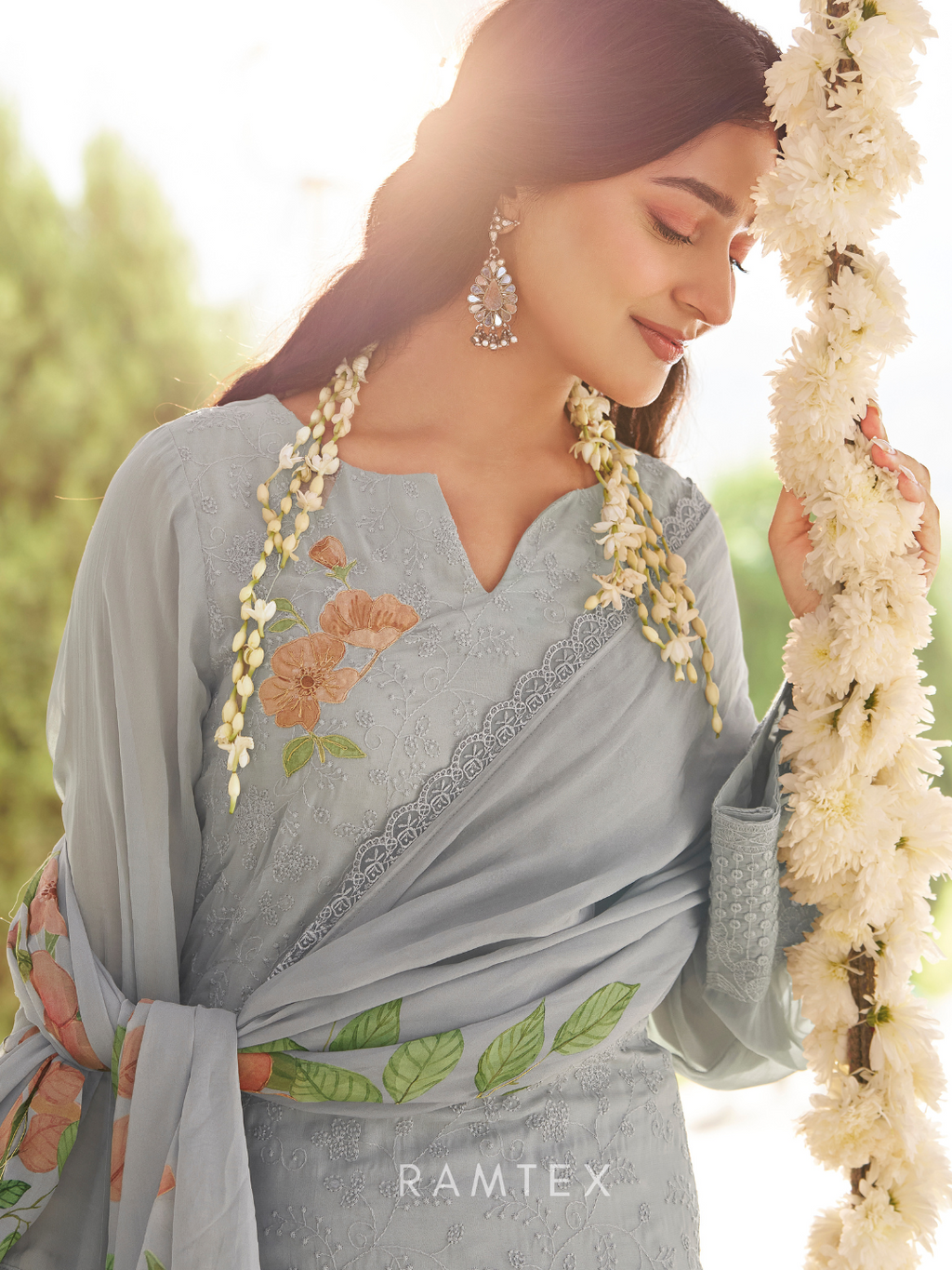 Grey Georgette Chikankari Unstitched Suit Set with Patch & Zari Work