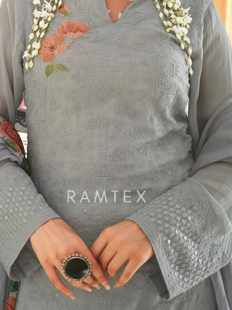 Grey Georgette Chikankari Stitched Suit Set with Patch & Zari Work