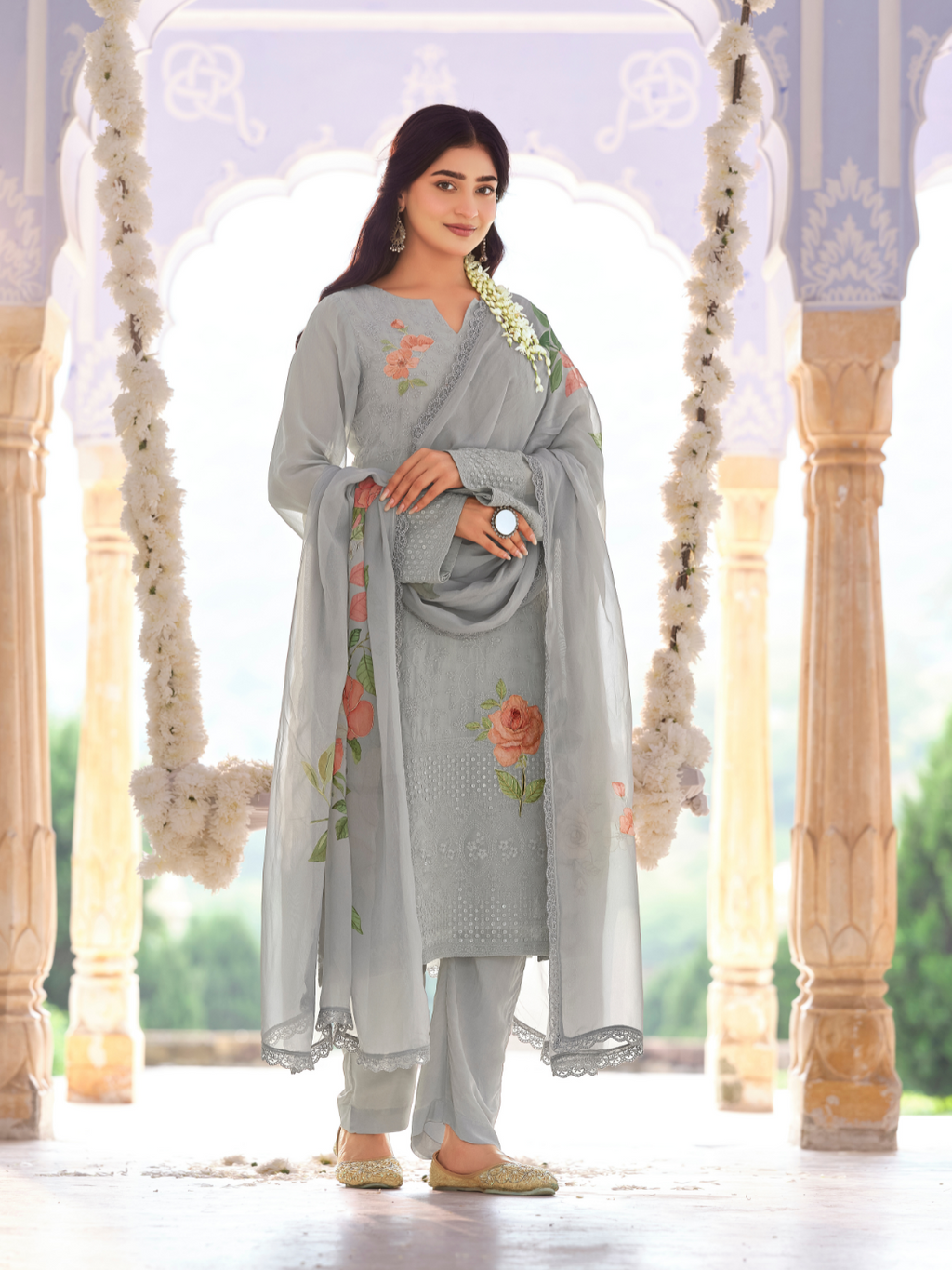 Grey Georgette Chikankari Stitched Suit Set with Patch & Zari Work