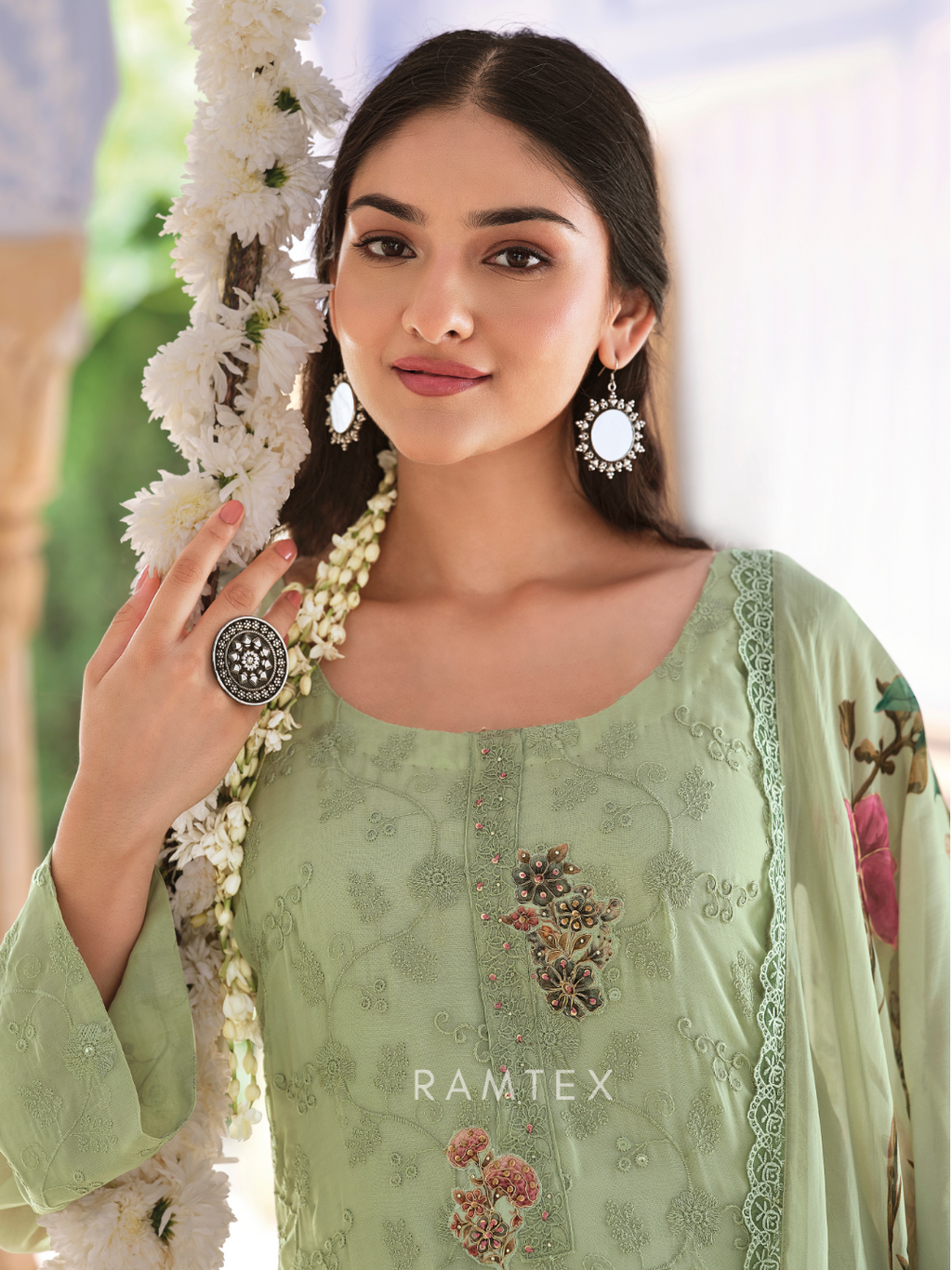 Pastel Green Georgette Chikankari Unstitched Suit Set with Patch & Zari Work