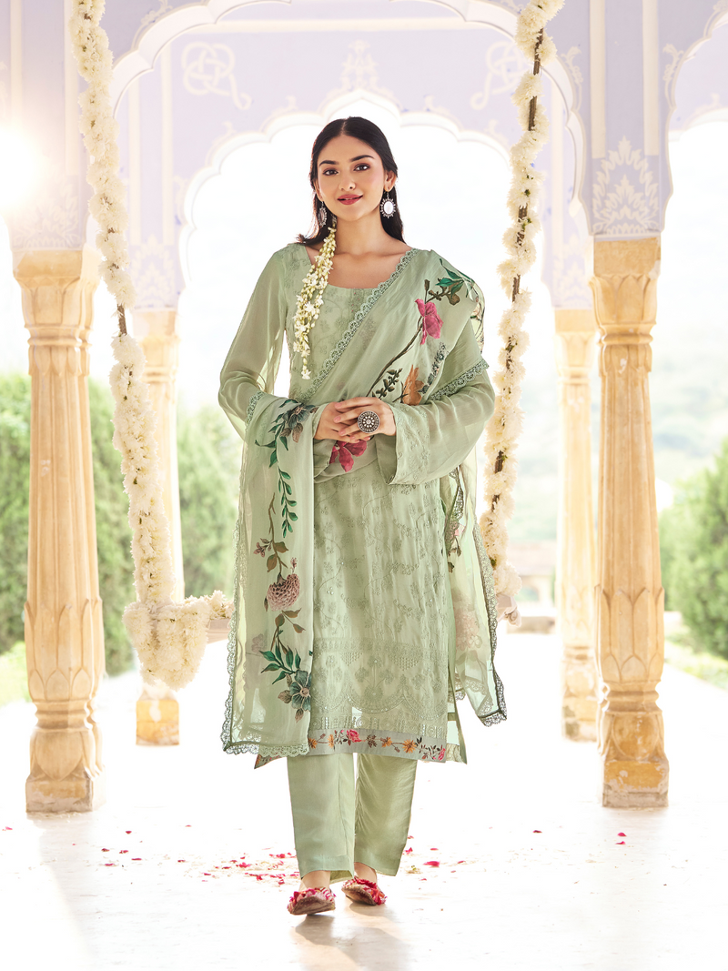 Pastel Green Georgette Chikankari Unstitched Suit Set with Patch & Zari Work