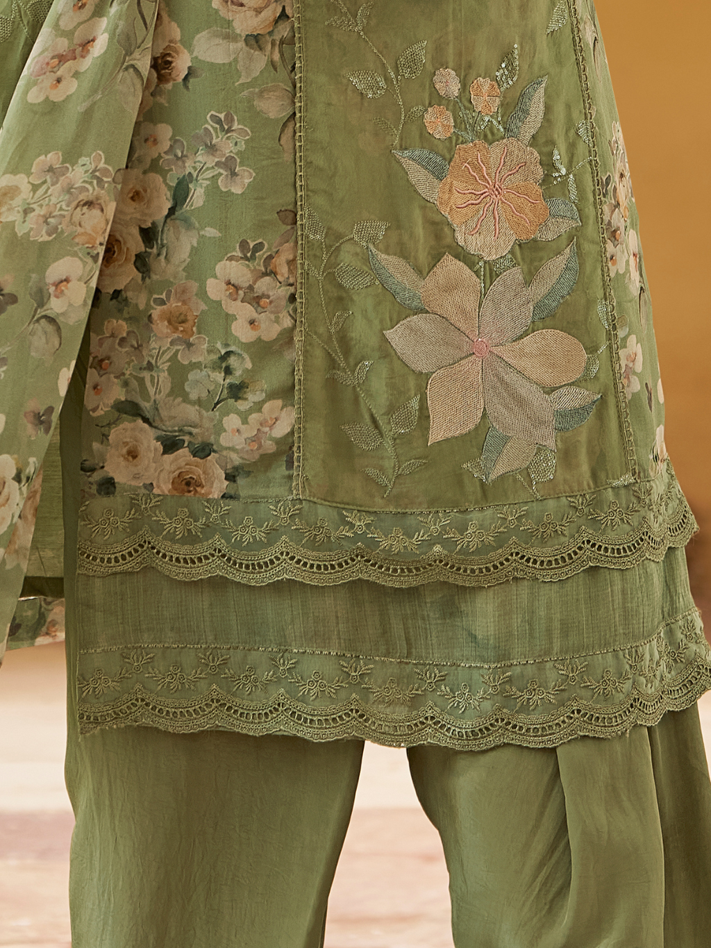 Green Organza Printed & Sequin-Embroidered Unstitched Suit Set