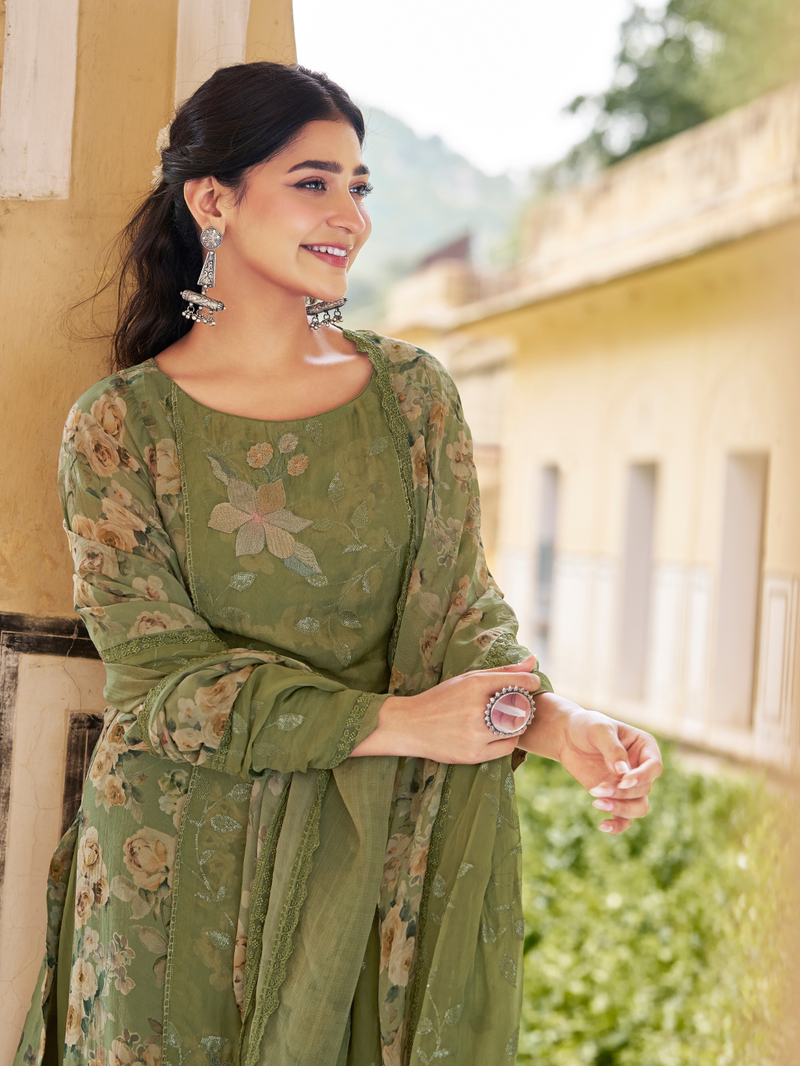Green Organza Printed & Sequin-Embroidered Unstitched Suit Set