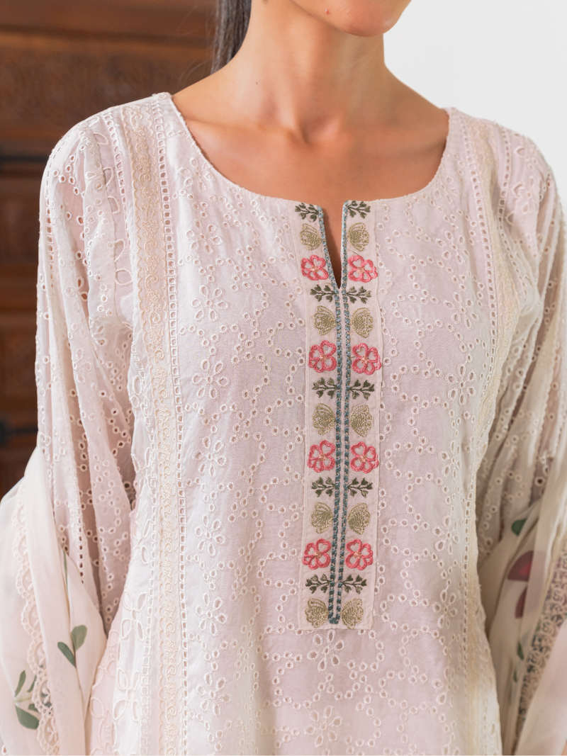 White Chikan Unstitched Suit Set