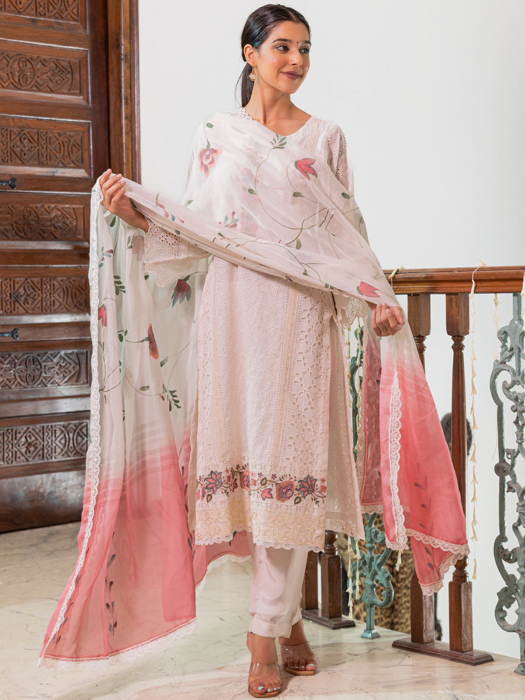 White Chikan Unstitched Suit Set