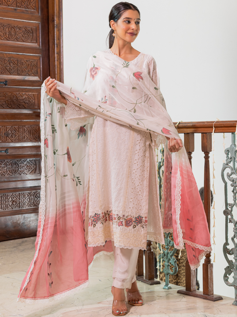 White Chikan Unstitched Suit Set