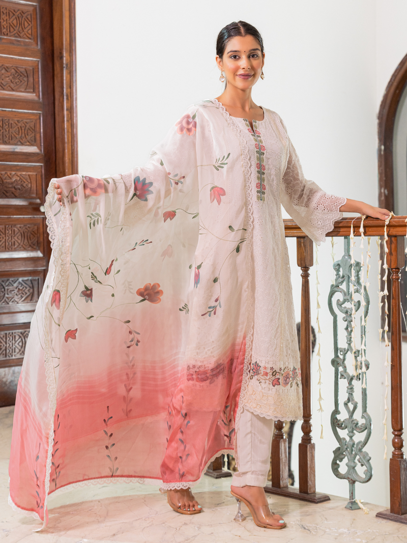 White Chikan Unstitched Suit Set