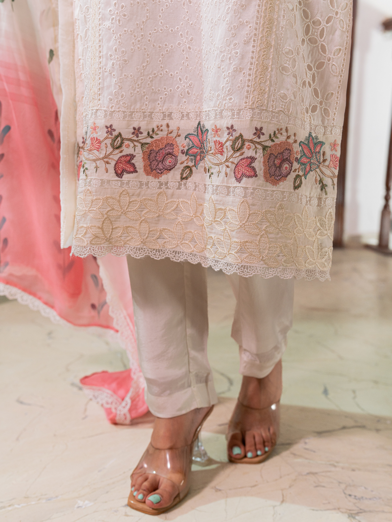 White Chikan Unstitched Suit Set