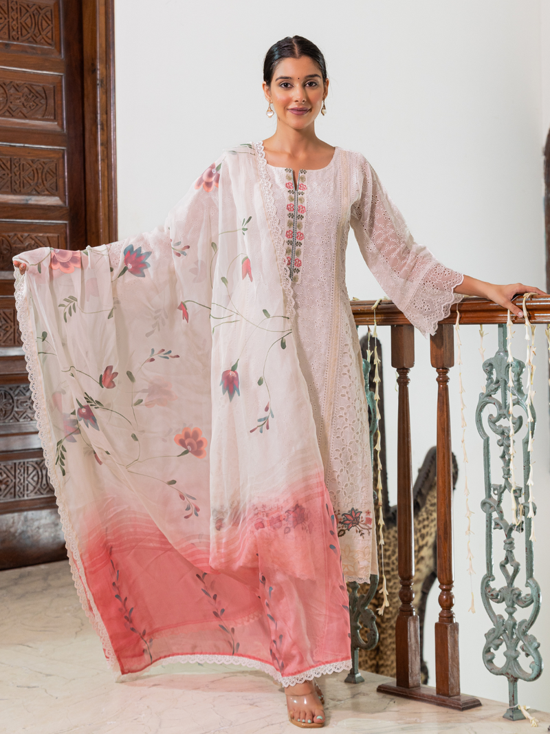 White Chikan Unstitched Suit Set