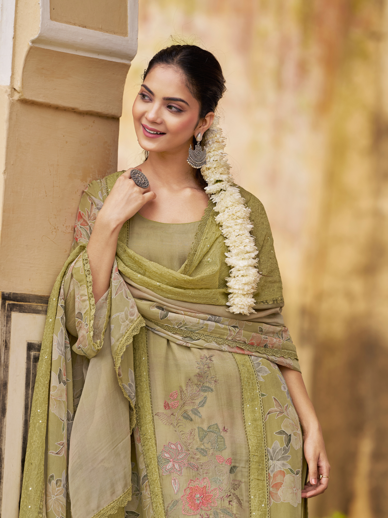 Moss Green Organza Printed & Sequin-Embroidered Unstitched Suit Set
