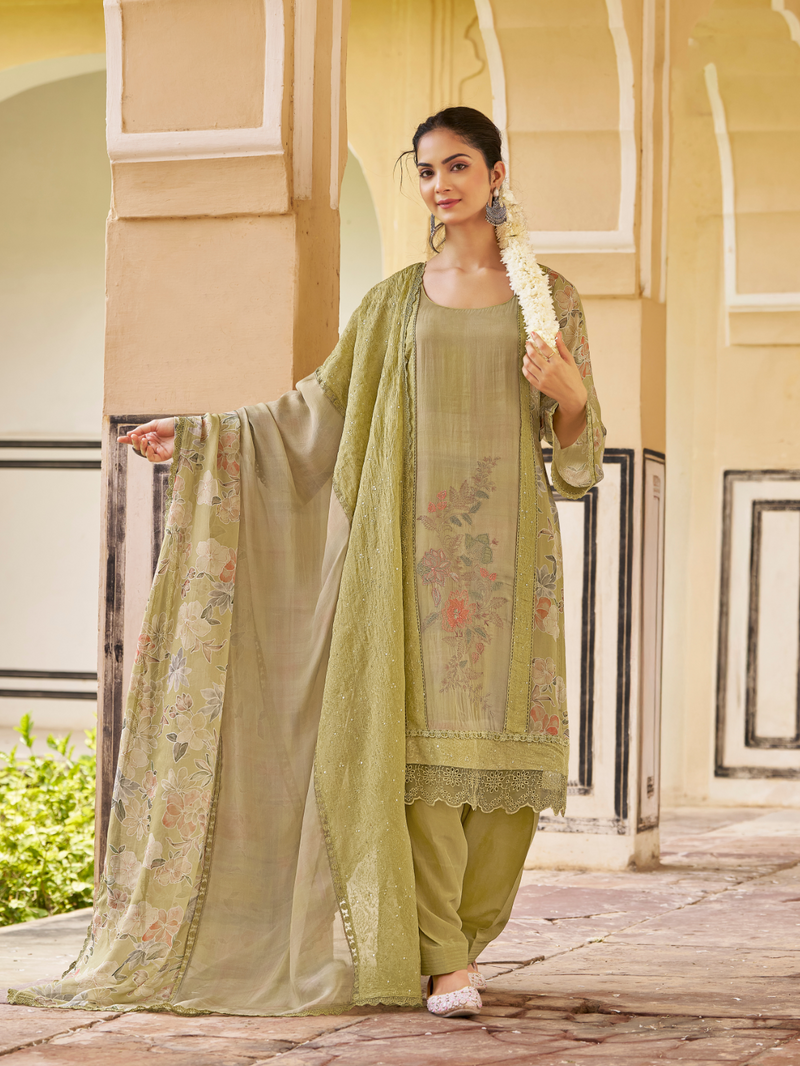 Moss Green Organza Printed & Sequin-Embroidered Unstitched Suit Set