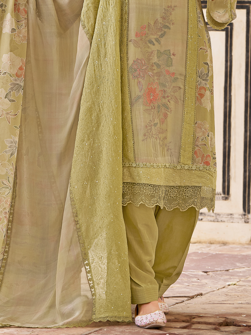 Moss Green Organza Printed & Sequin-Embroidered Unstitched Suit Set