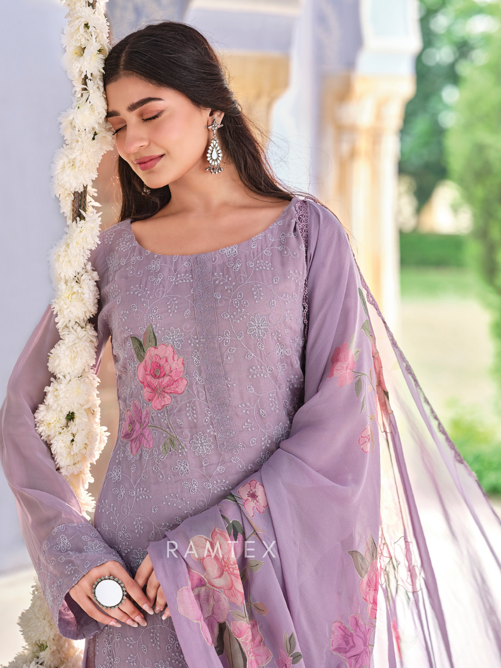 Lilac Georgette Chikankari Unstitched Suit Set with Patch & Zari Work