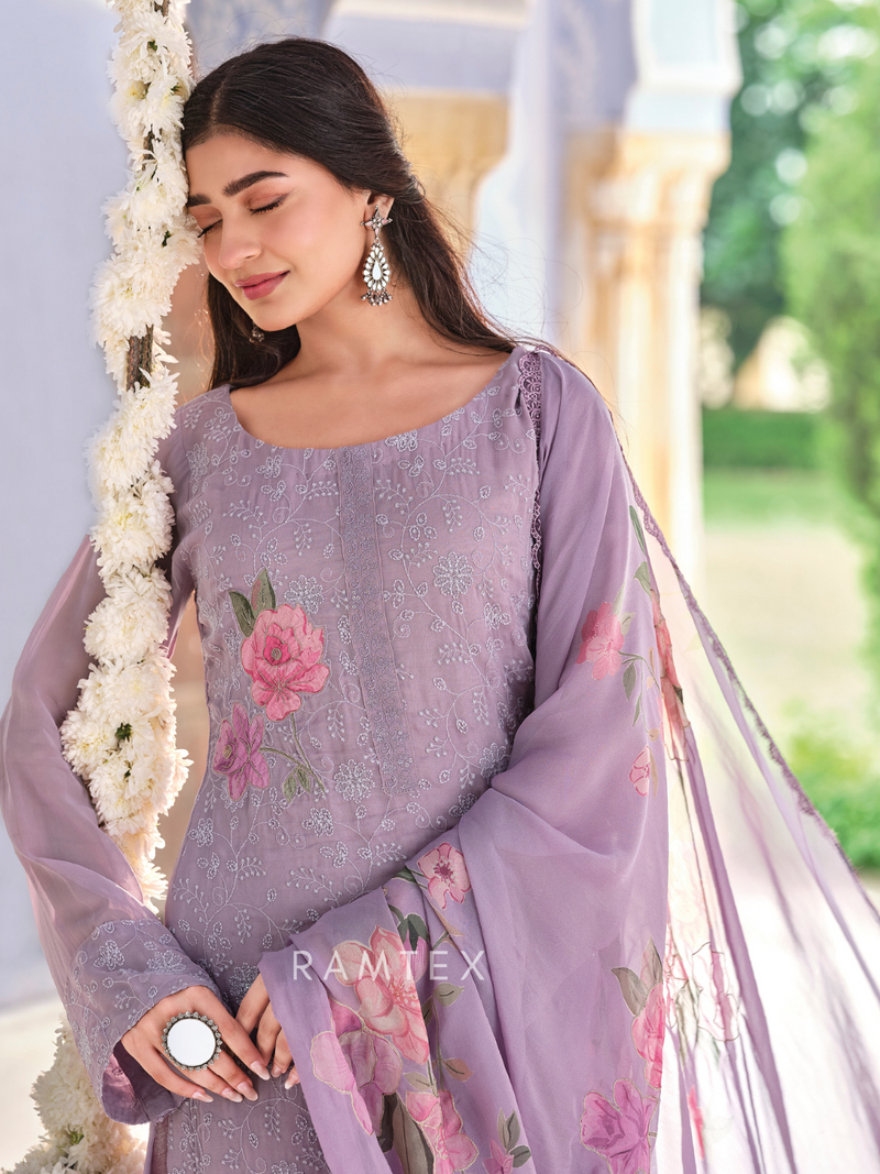 Lilac Georgette Chikankari Unstitched Suit Set with Patch & Zari Work
