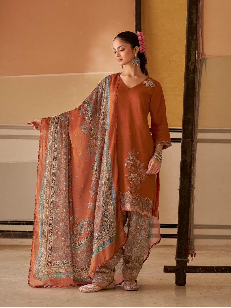 Rust Printed Handwork Unstitched Suit Set