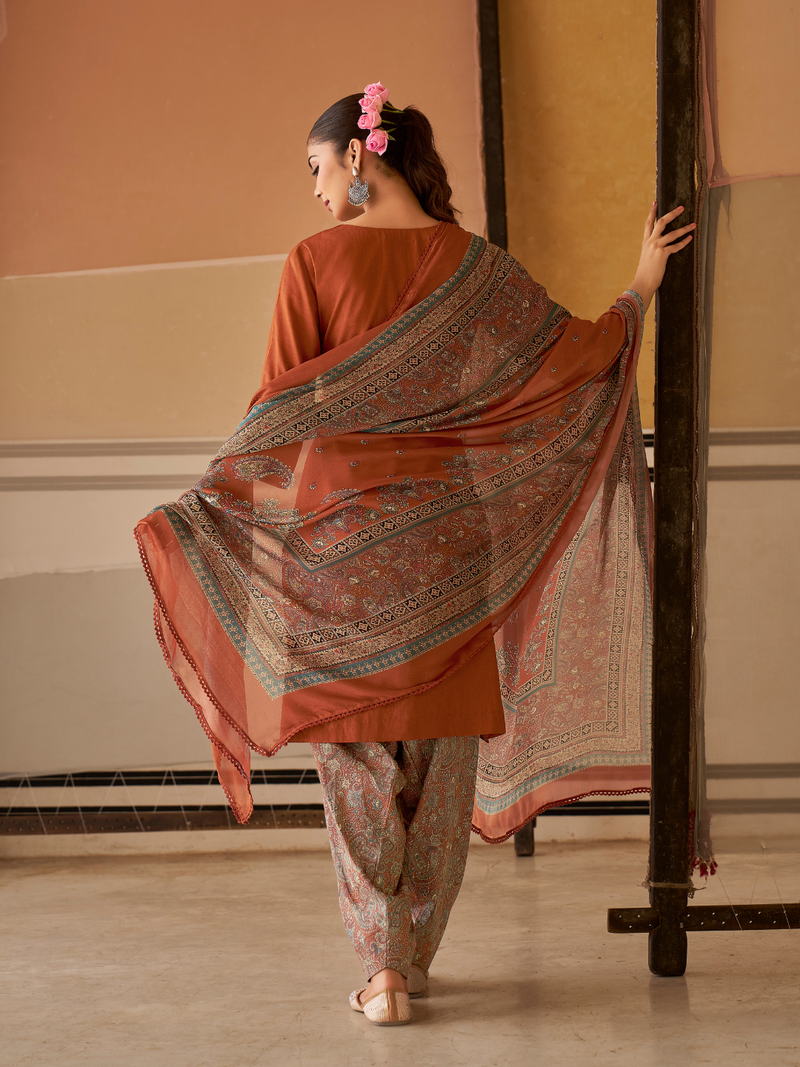 Rust Printed Handwork Unstitched Suit Set
