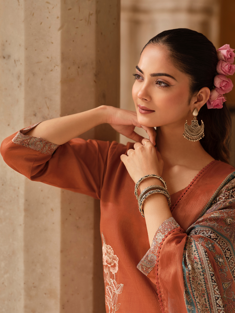 Rust Printed Handwork Unstitched Suit Set