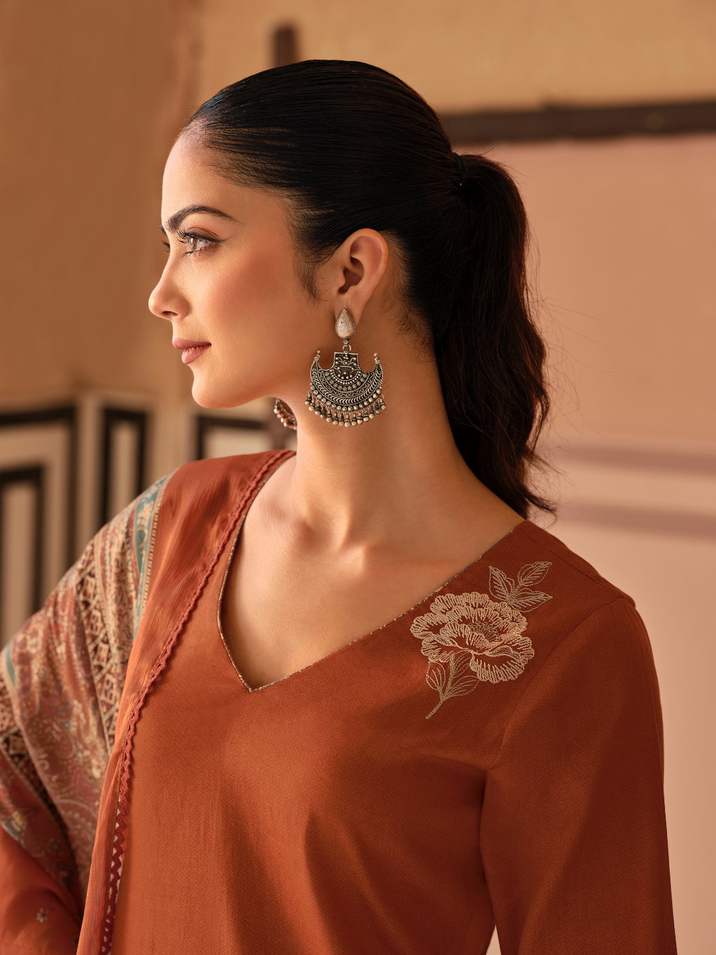 Rust Printed Handwork Unstitched Suit Set