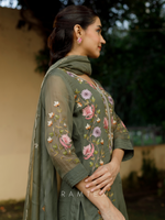 Olive Organza Embroidered Unstitched Suit Set