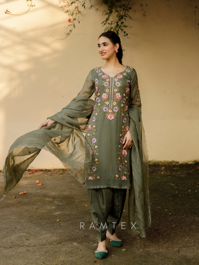 Olive Organza Embroidered Unstitched Suit Set