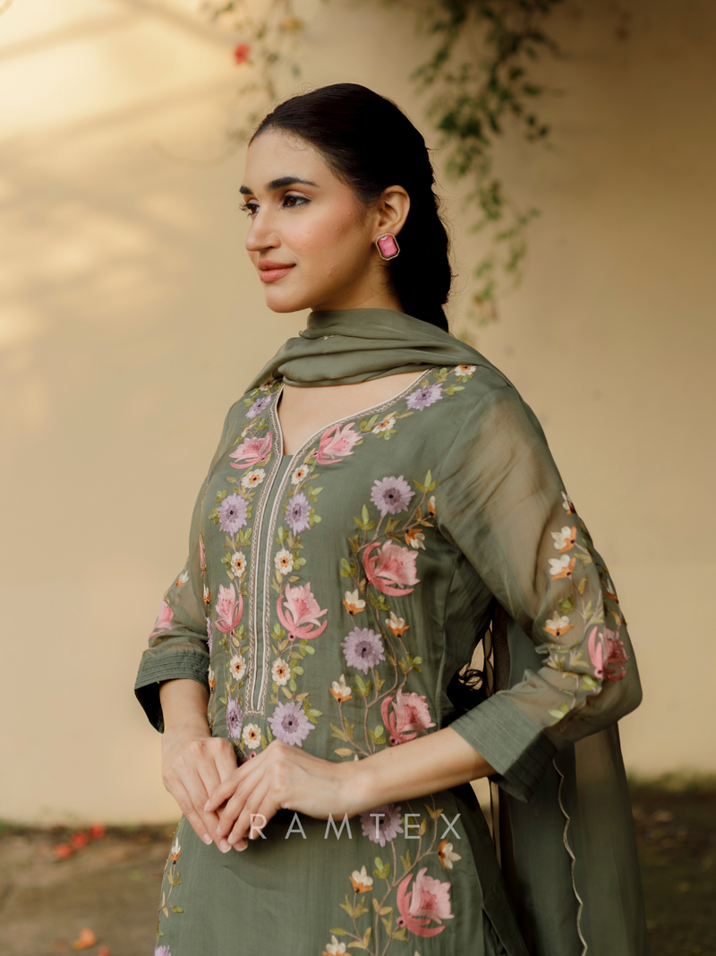 Olive Organza Embroidered Unstitched Suit Set