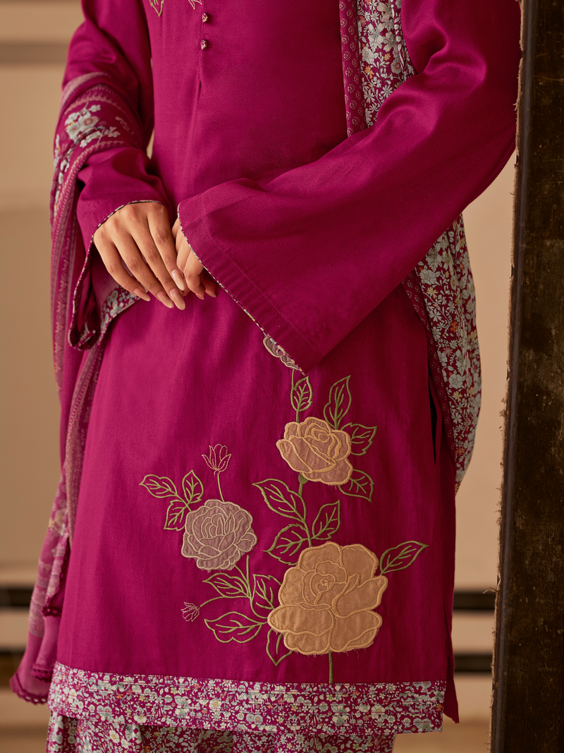Raspbery  Printed Patchwork Handwork Unstitched Suit Set