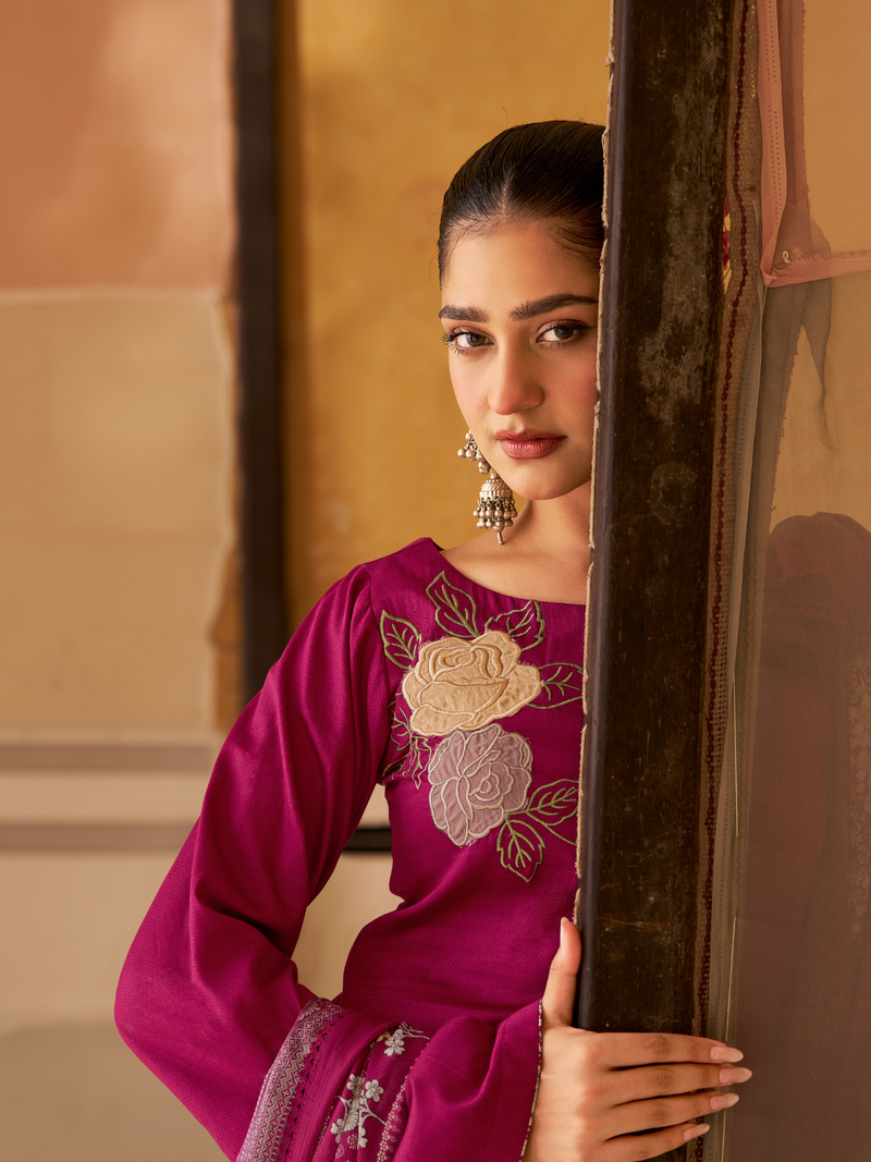 Raspbery  Printed Patchwork Handwork Unstitched Suit Set