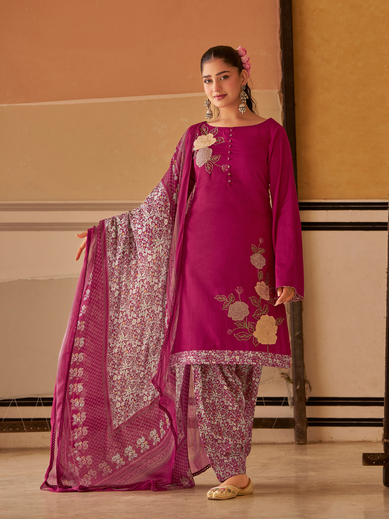 Raspbery  Printed Patchwork Handwork Unstitched Suit Set
