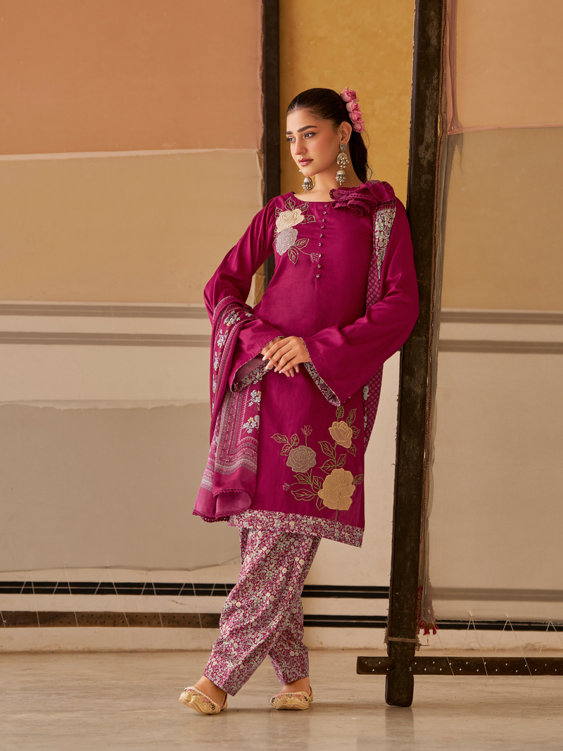 Raspbery  Printed Patchwork Handwork Unstitched Suit Set