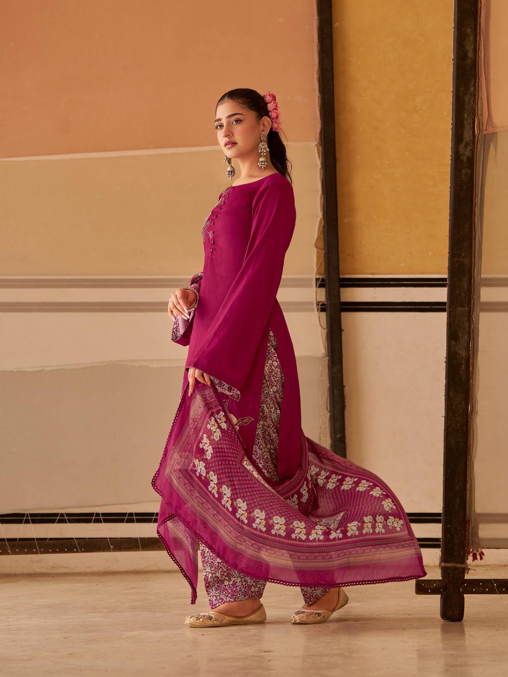 Raspbery  Printed Patchwork Handwork Unstitched Suit Set