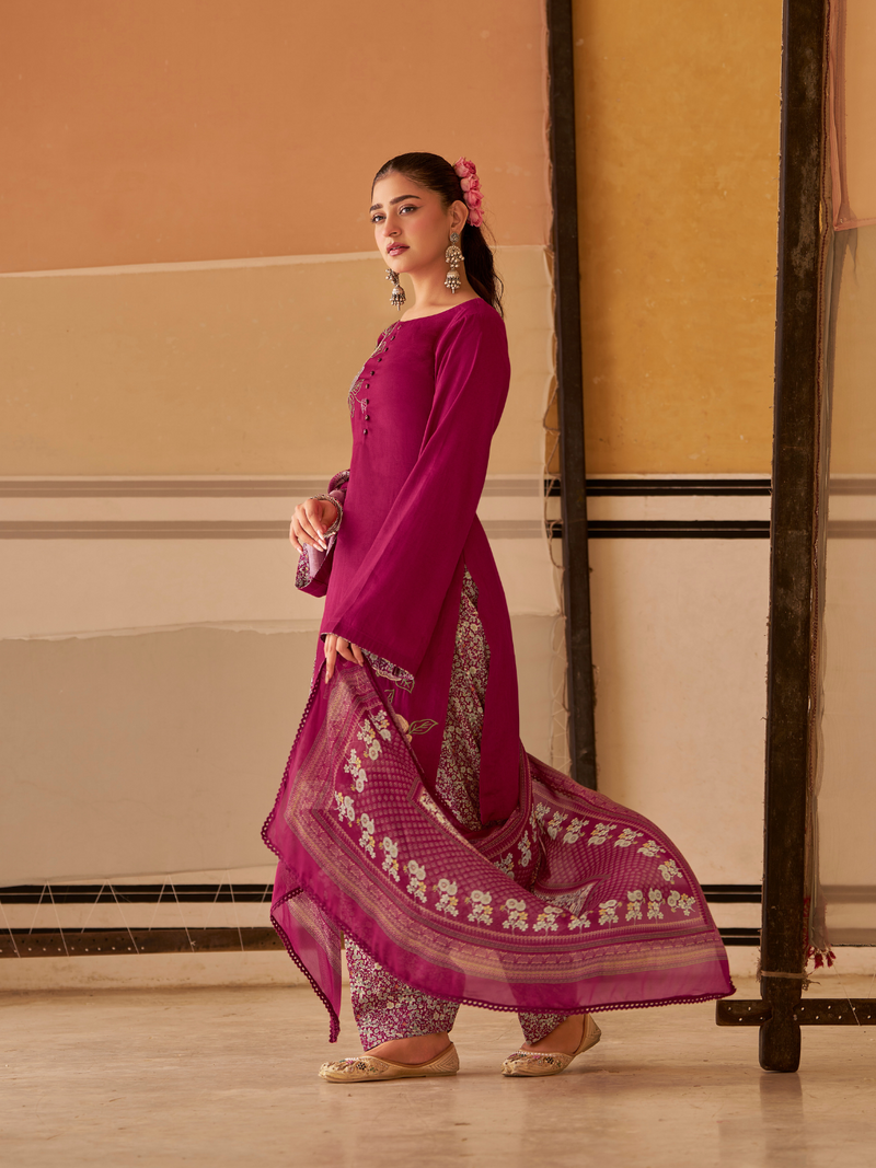 Raspbery  Printed Patchwork Handwork Unstitched Suit Set