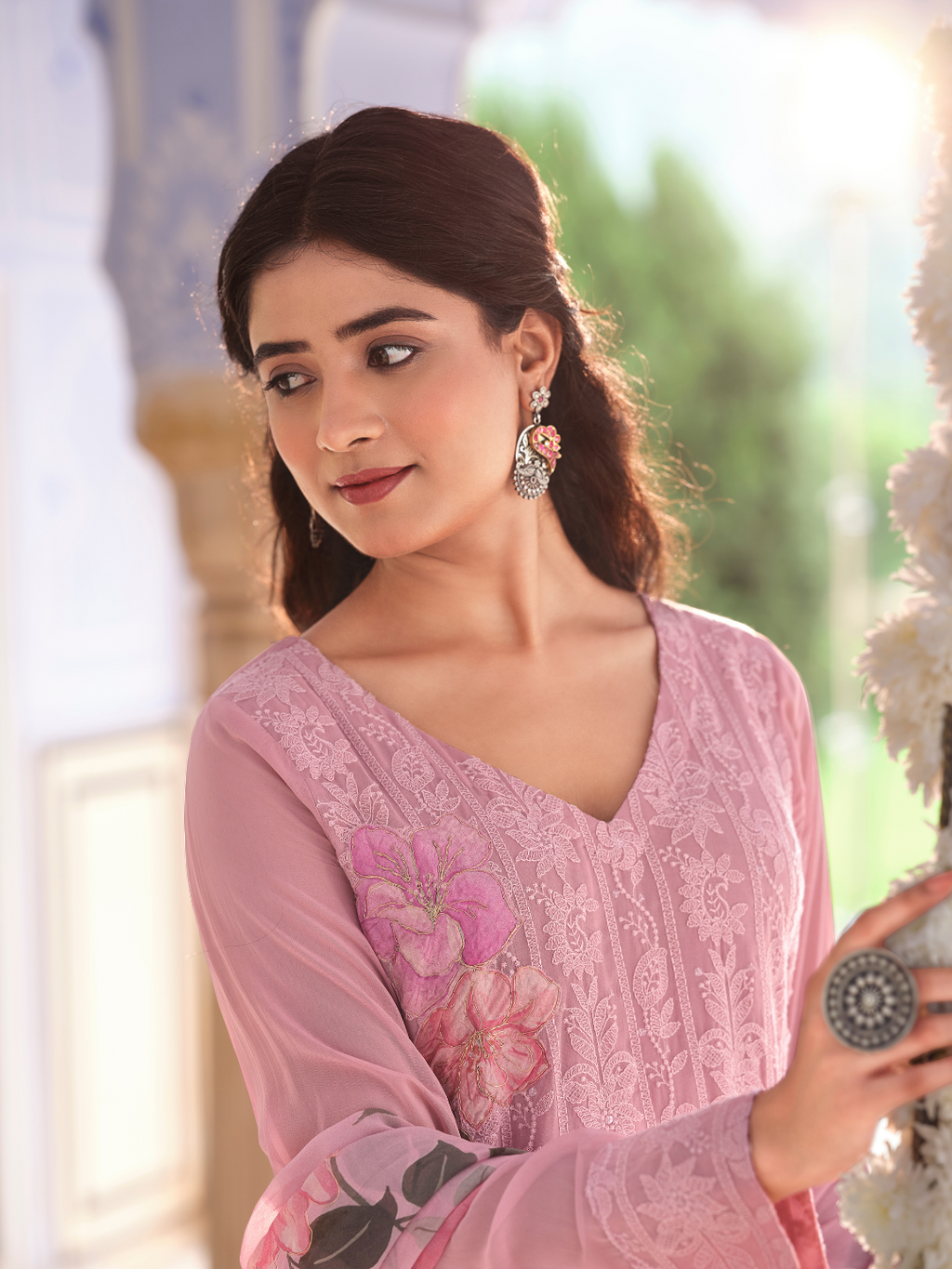 Blush Pink Georgette Chikankari Unstitched Suit Set with Patch & Zari Work