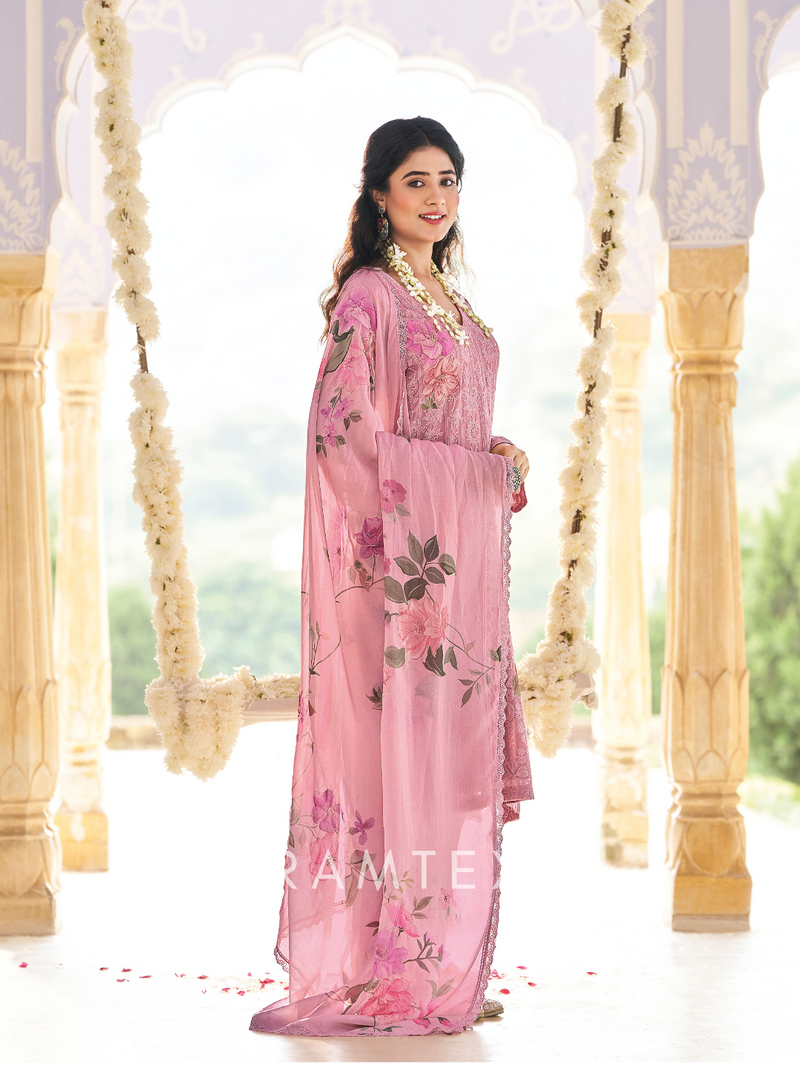 Blush Pink Georgette Chikankari Unstitched Suit Set with Patch & Zari Work
