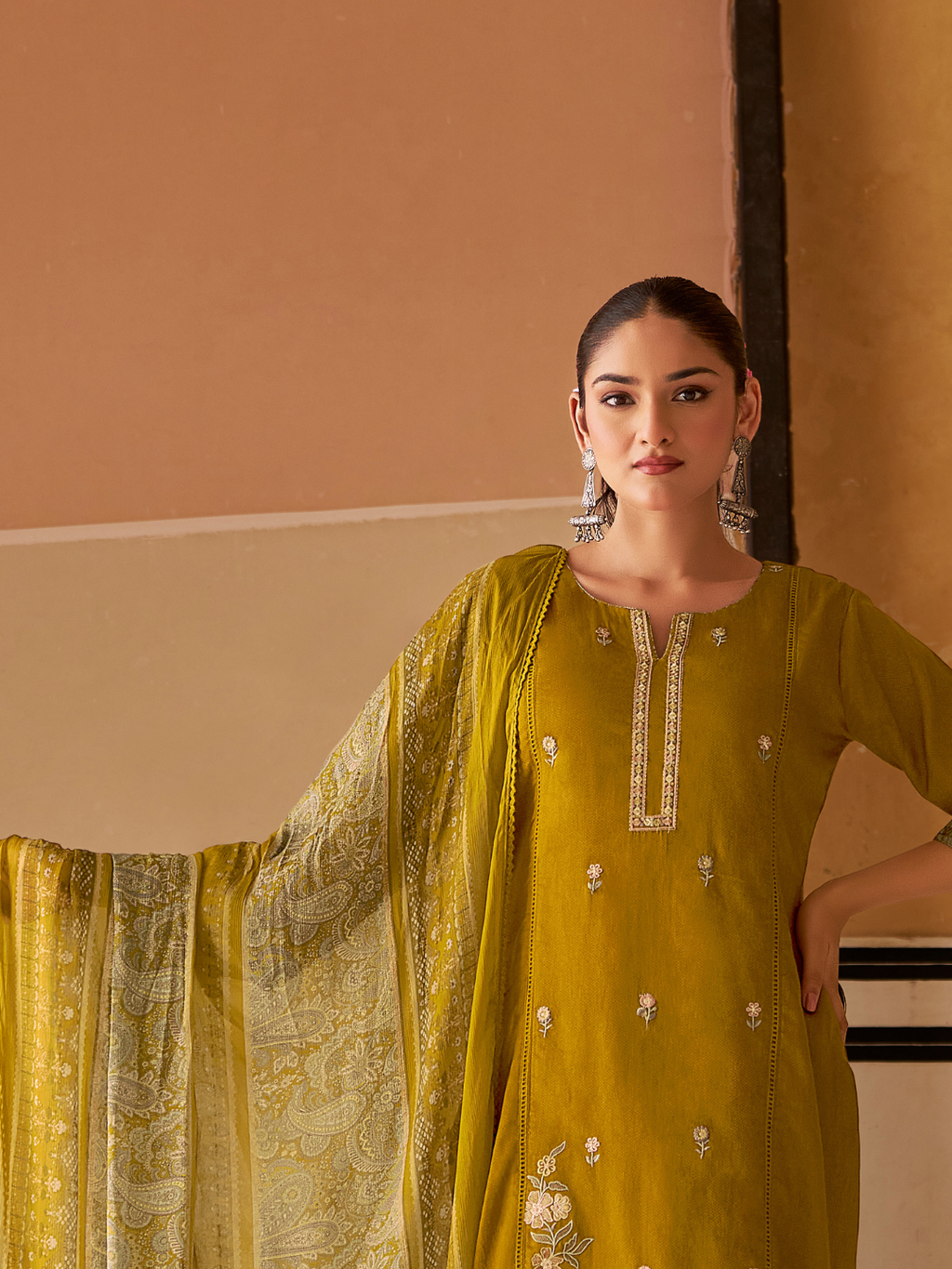 Mustard Printed Handwork Unstitched Suit Set