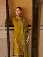 Mustard Printed Handwork Unstitched Suit Set