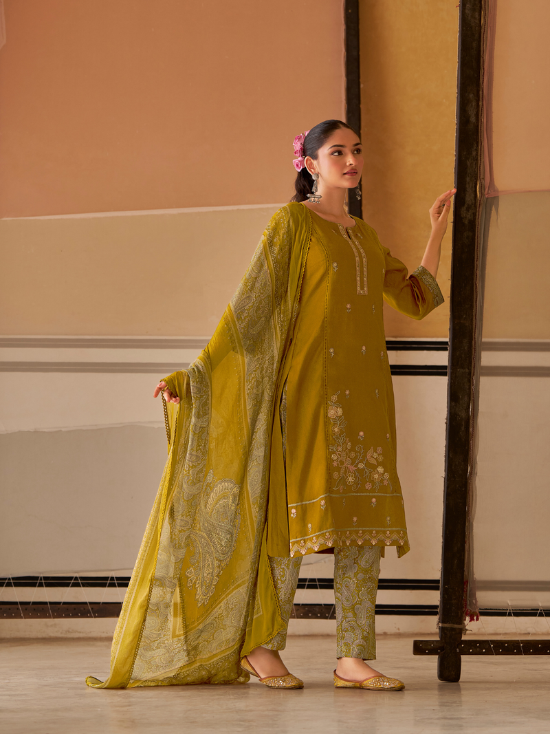 Mustard Printed Handwork Unstitched Suit Set