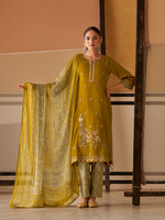 Mustard Printed Handwork Unstitched Suit Set