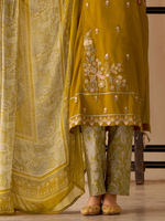 Mustard Printed Handwork Unstitched Suit Set