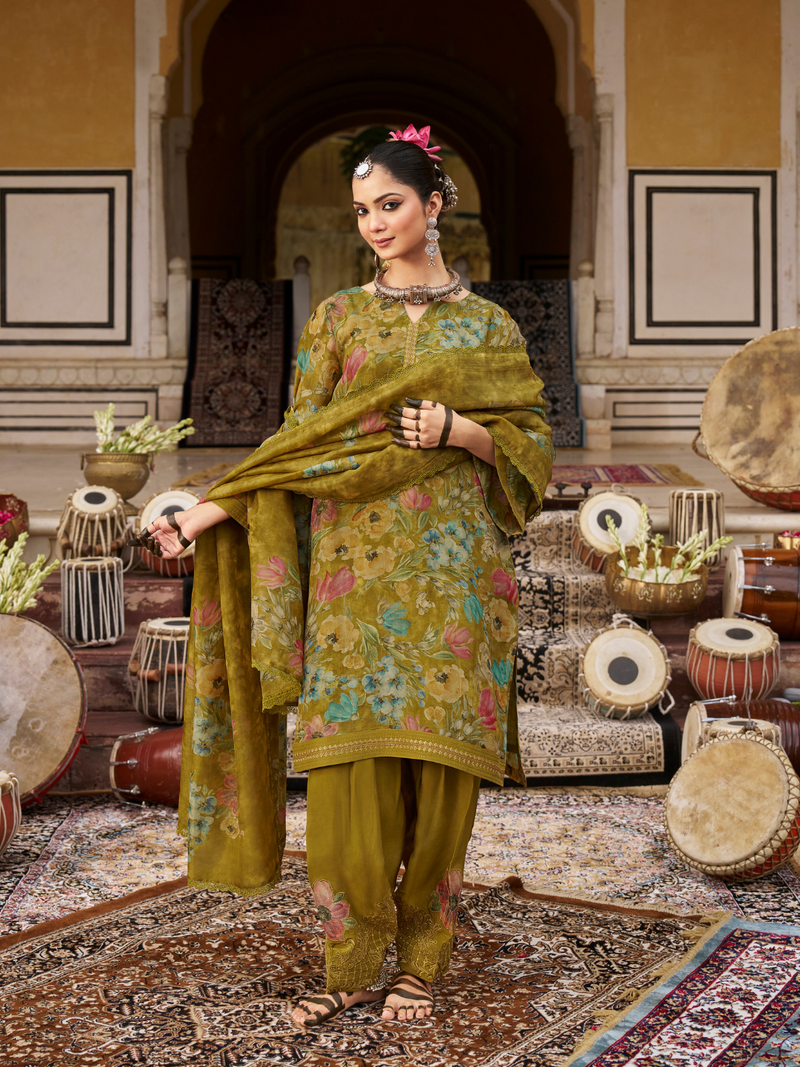 Mustard Printed Tissue Organza Unstitched Suit Set with Zari and Intricate Embroidery