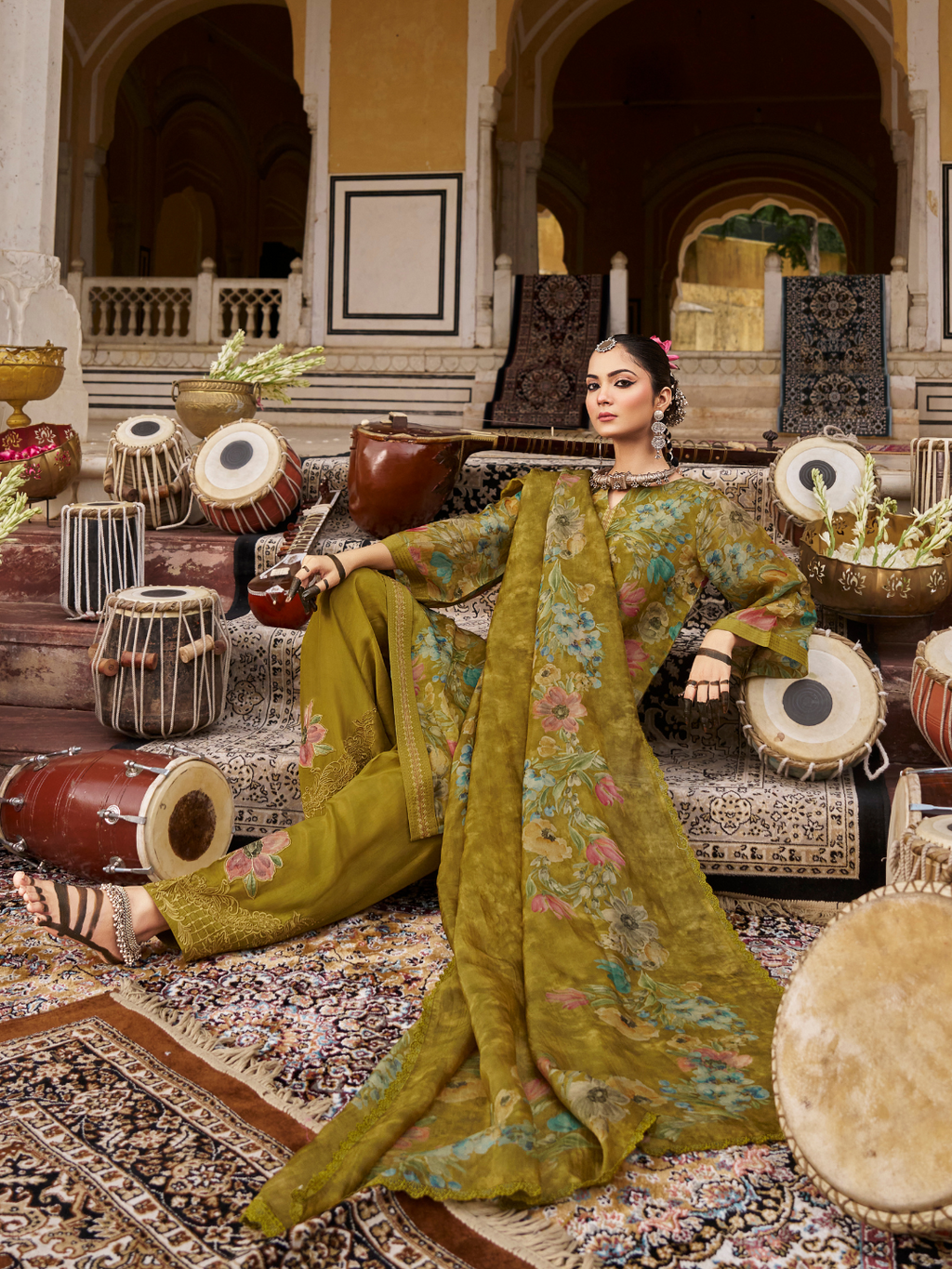 Mustard Printed Tissue Organza Unstitched Suit Set with Zari and Intricate Embroidery