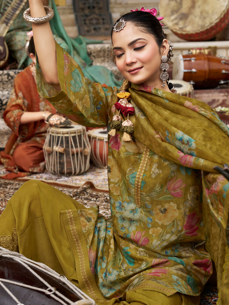 Mustard Printed Tissue Organza Unstitched Suit Set with Zari and Intricate Embroidery