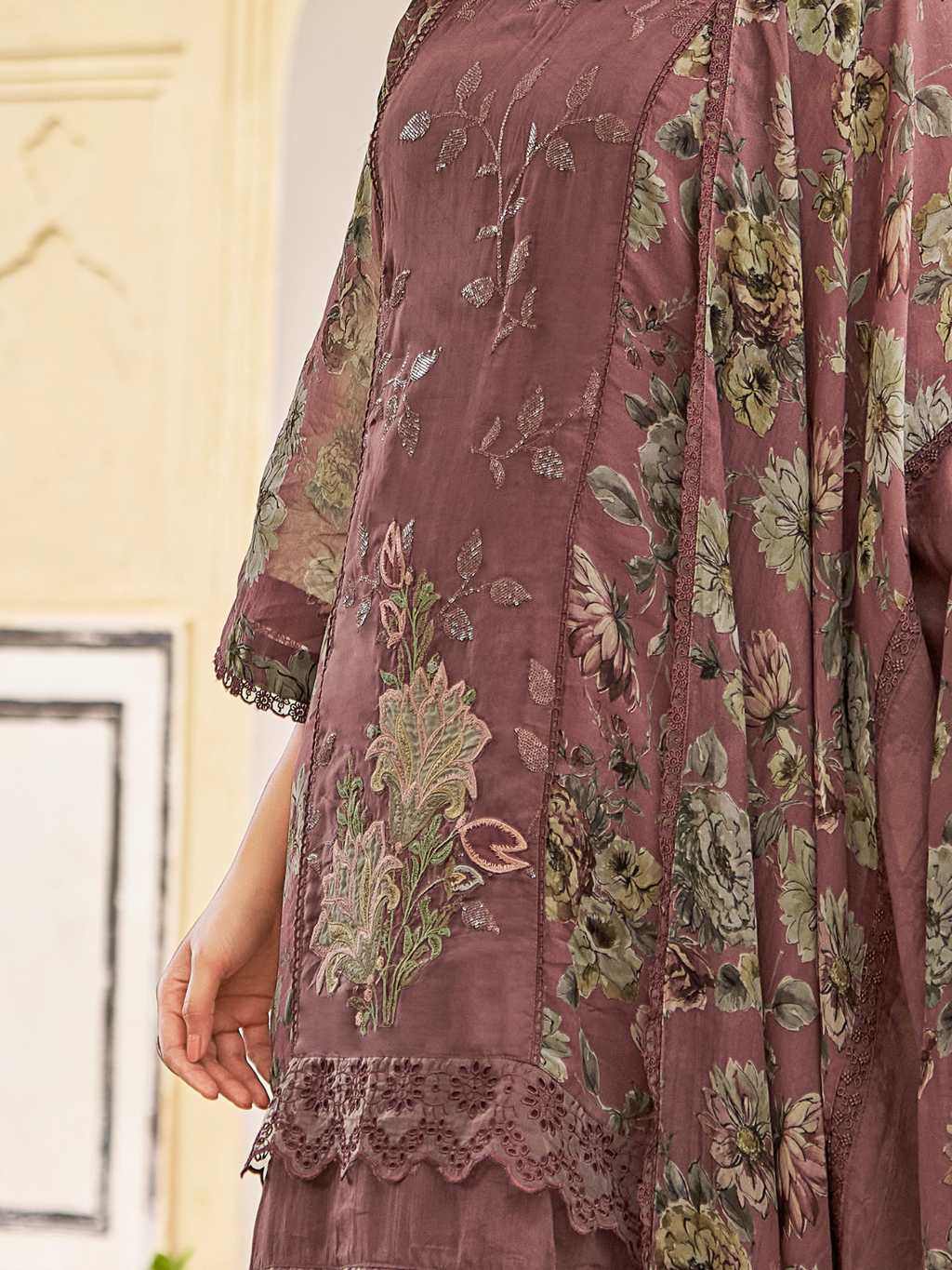 Plum Organza Printed & Sequin-Embroidered Unstitched Suit Set